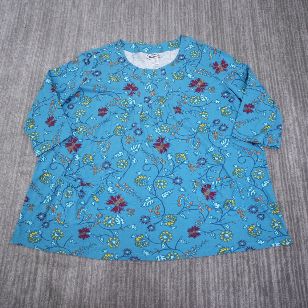 Anthony Richards Women 1X Tunic Top Blue Floral Cotton 3/4 Sleeve Pockets 04735